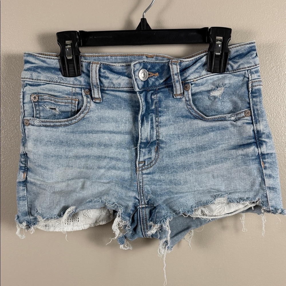 American Eagle Women’s Light Blue Distressed Denim Shorts - Next Level Stretch